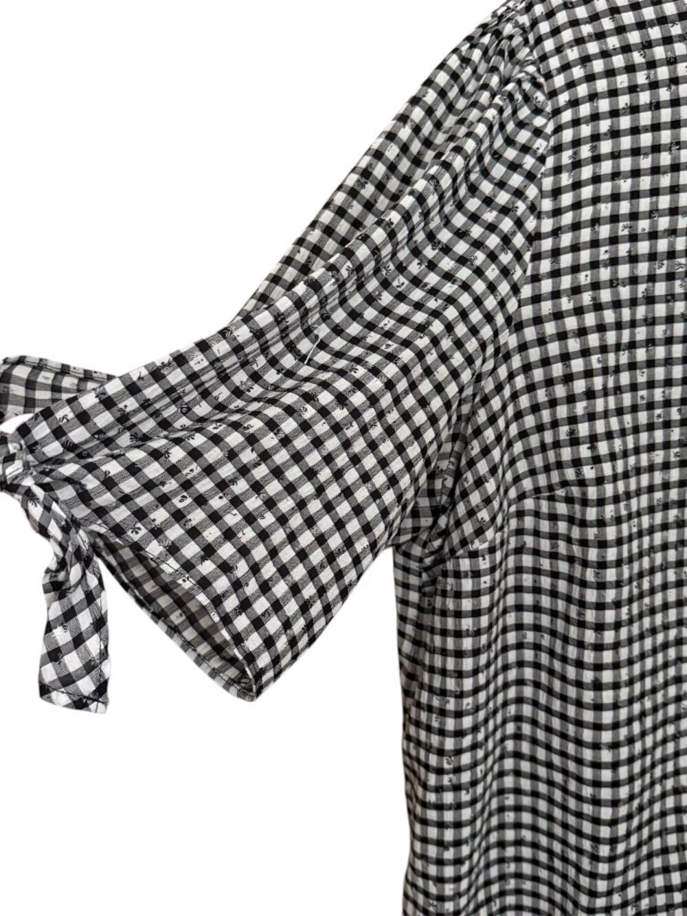 CeCe Tie Sleeve Gingham Top Sz 3X Black Check 3/4 Puff Sleeve Cottagecore Office - Picture 2 of 8